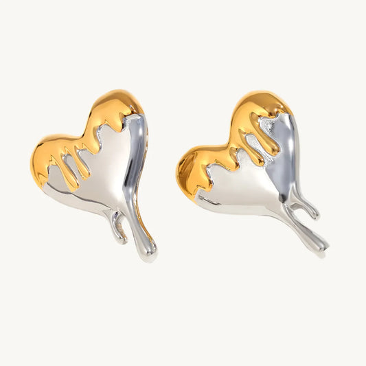 Bi-Metal Dripping Heart Stud Earrings