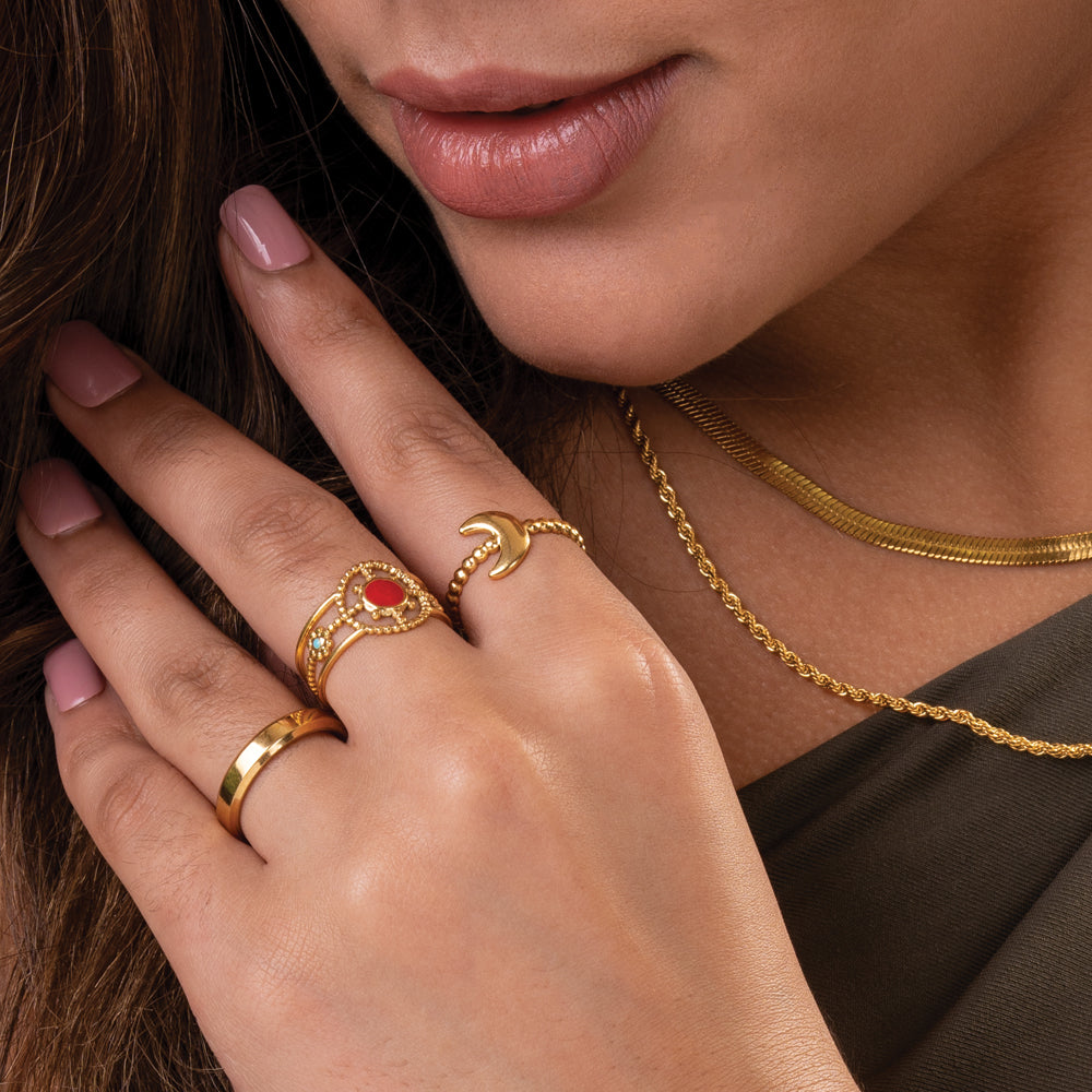 Enamel Cuff Moon Ring Set